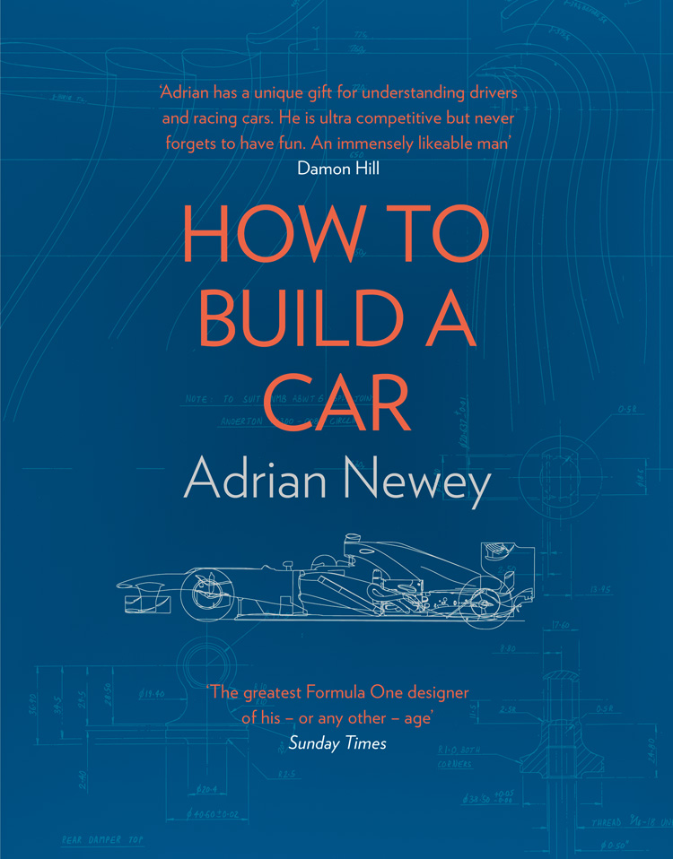 The cover of How to Build a Car by Adrian Newey, which shows the side profile of a Formula 1 car in blueprint